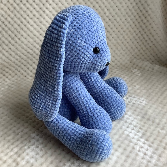 Cute Knitted Crocheted Plush Blue Bunny Rabbit Stuffed Animal Handmade Toy - Picture 4 of 10